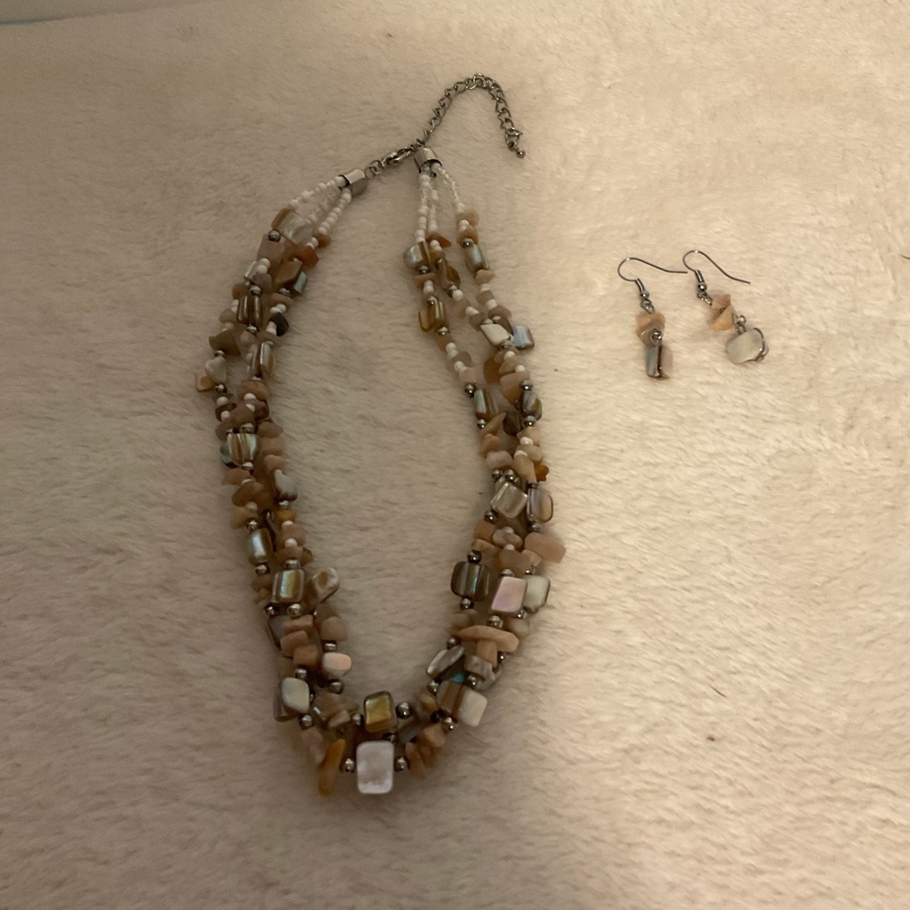 Beige Multi-Strand Beaded Necklace with Matching Earrings